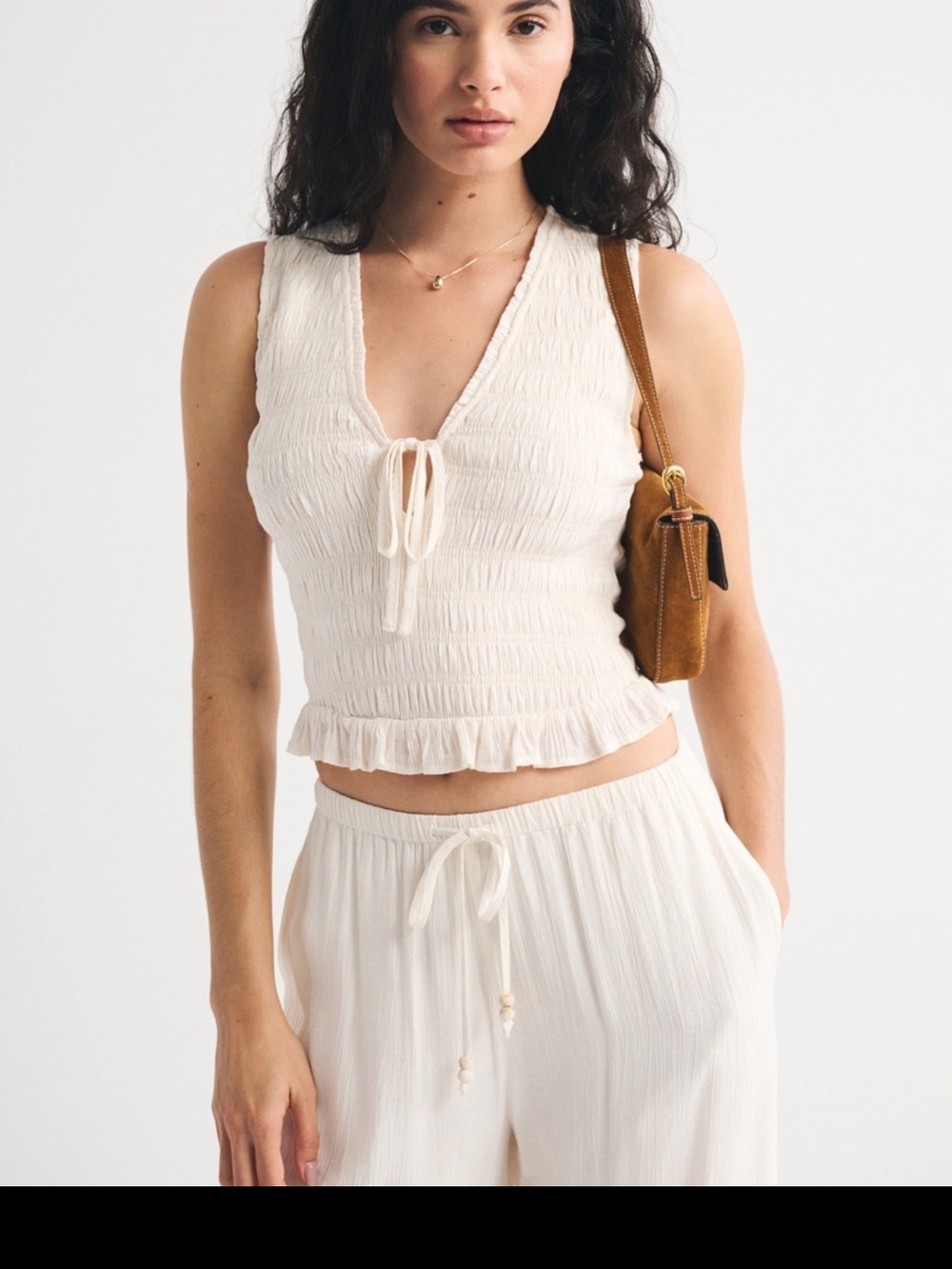 Abercrombie & Fitch Ivory Smocked Tie Front Ruffle Hem Top NWT Size L